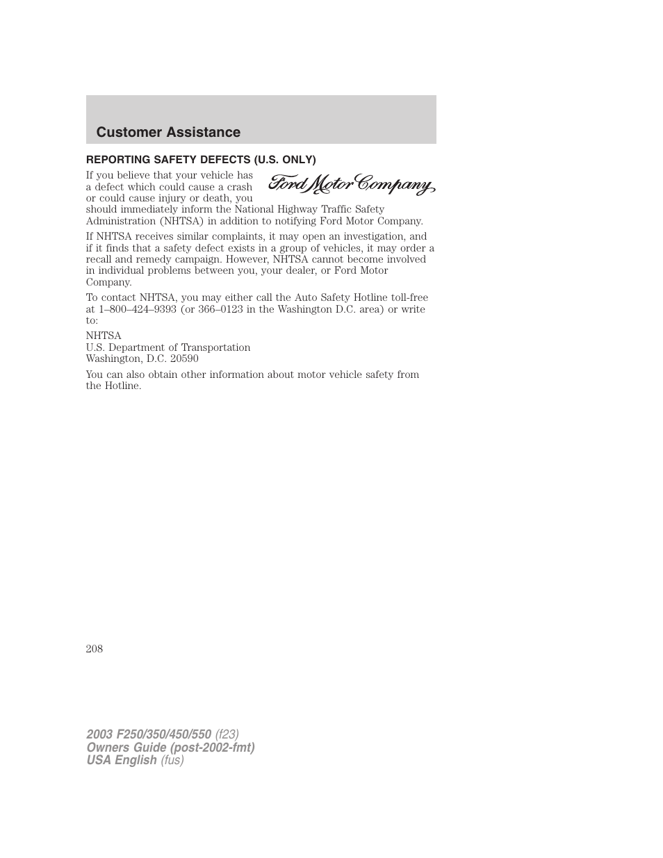 Customer assistance | FORD 2003 F-550 v.4 User Manual | Page 208 / 280