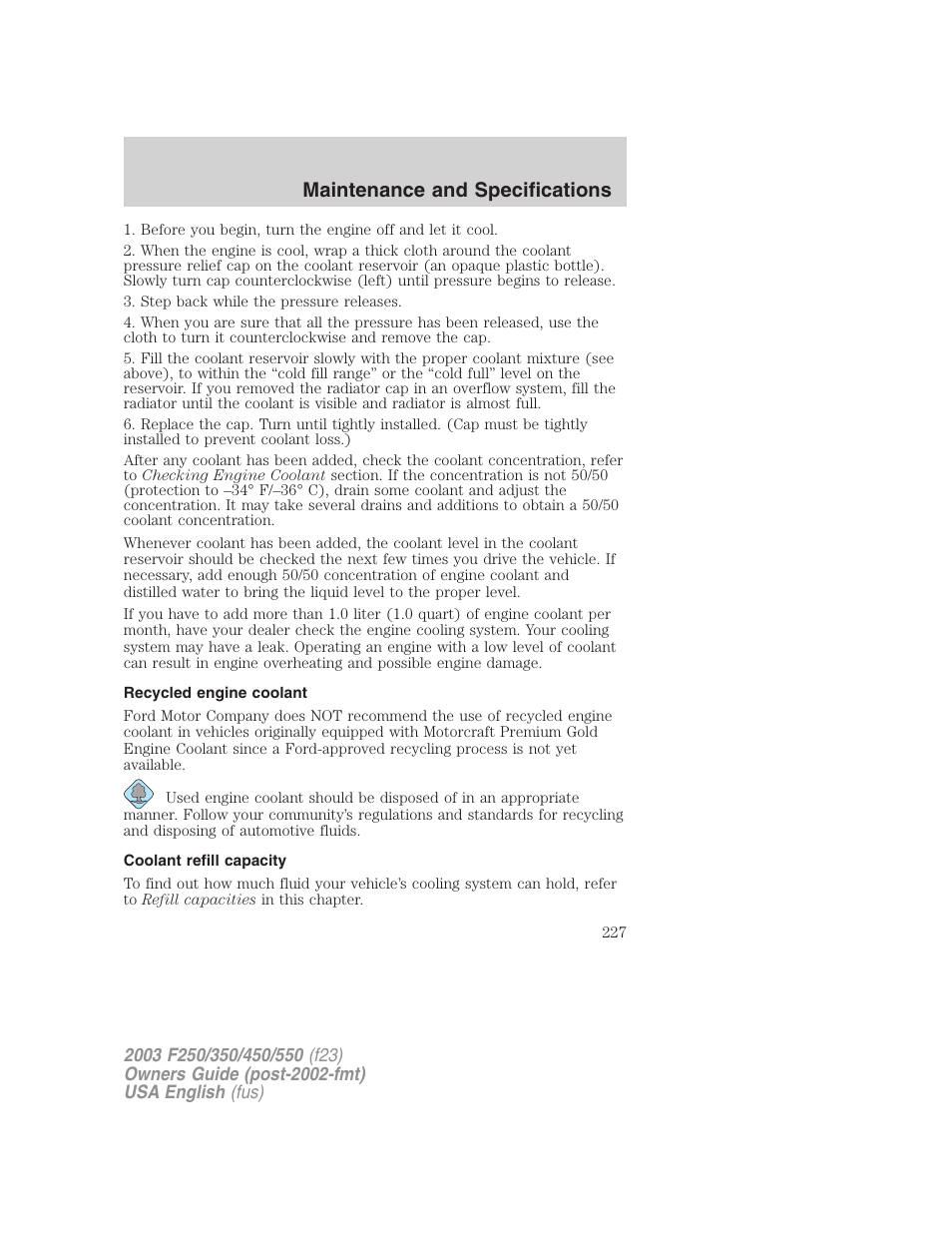 Maintenance and specifications | FORD 2003 F-550 v.4 User Manual | Page 227 / 280