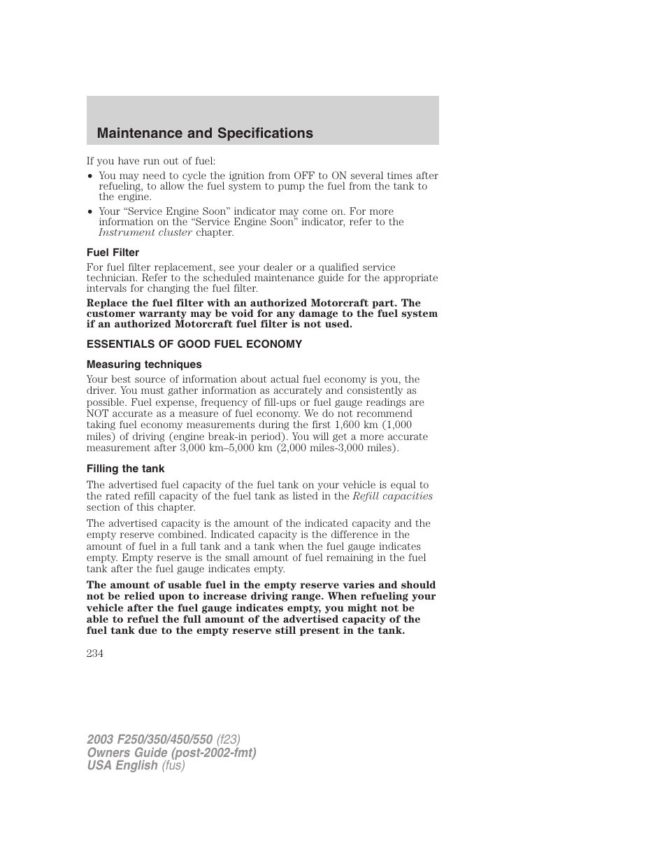 Maintenance and specifications | FORD 2003 F-550 v.4 User Manual | Page 234 / 280