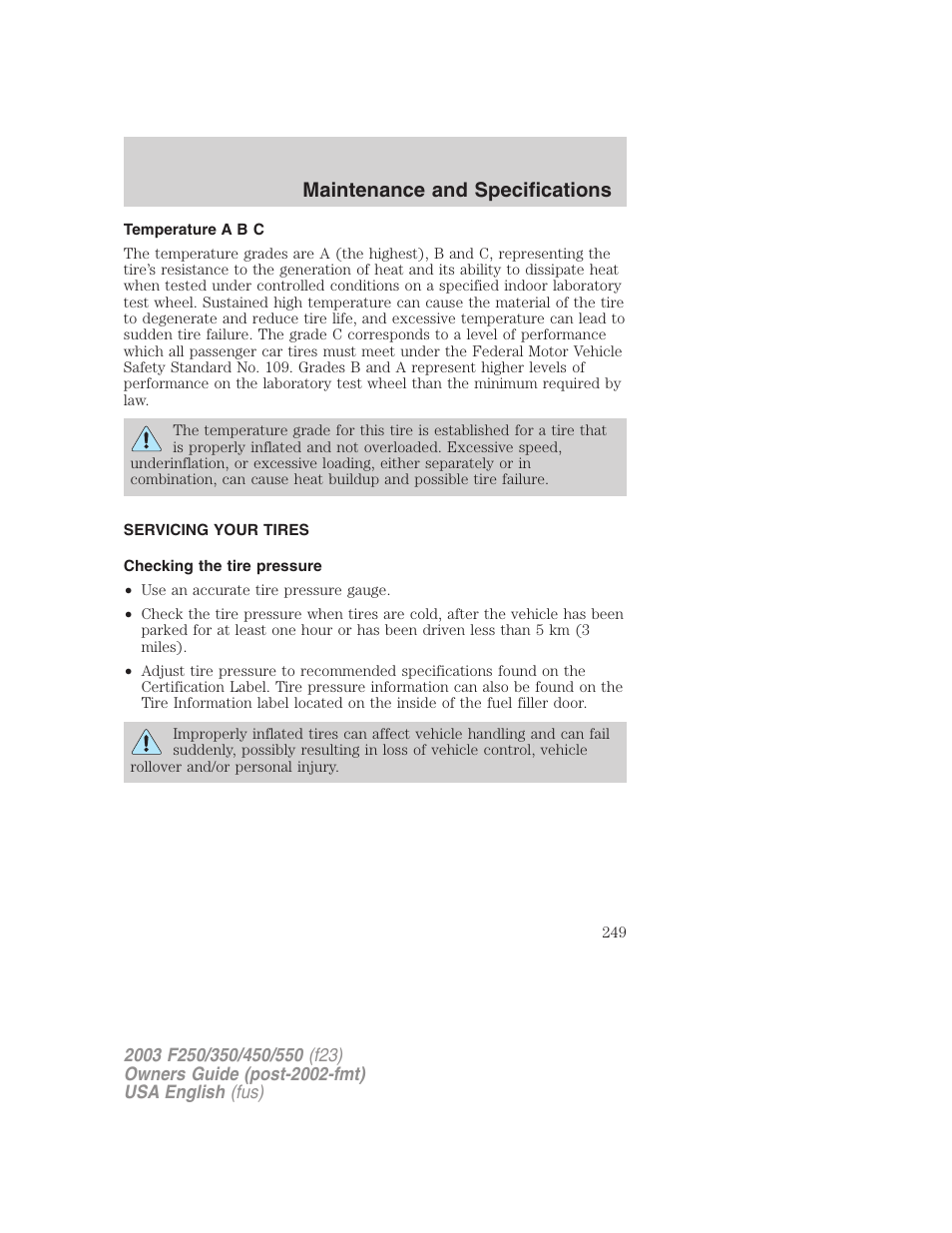 Maintenance and specifications | FORD 2003 F-550 v.4 User Manual | Page 249 / 280