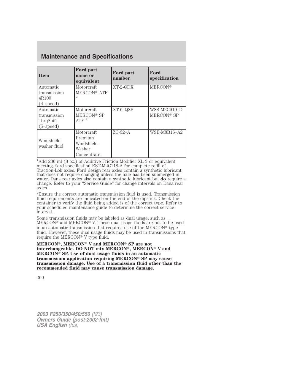 Maintenance and specifications | FORD 2003 F-550 v.4 User Manual | Page 260 / 280