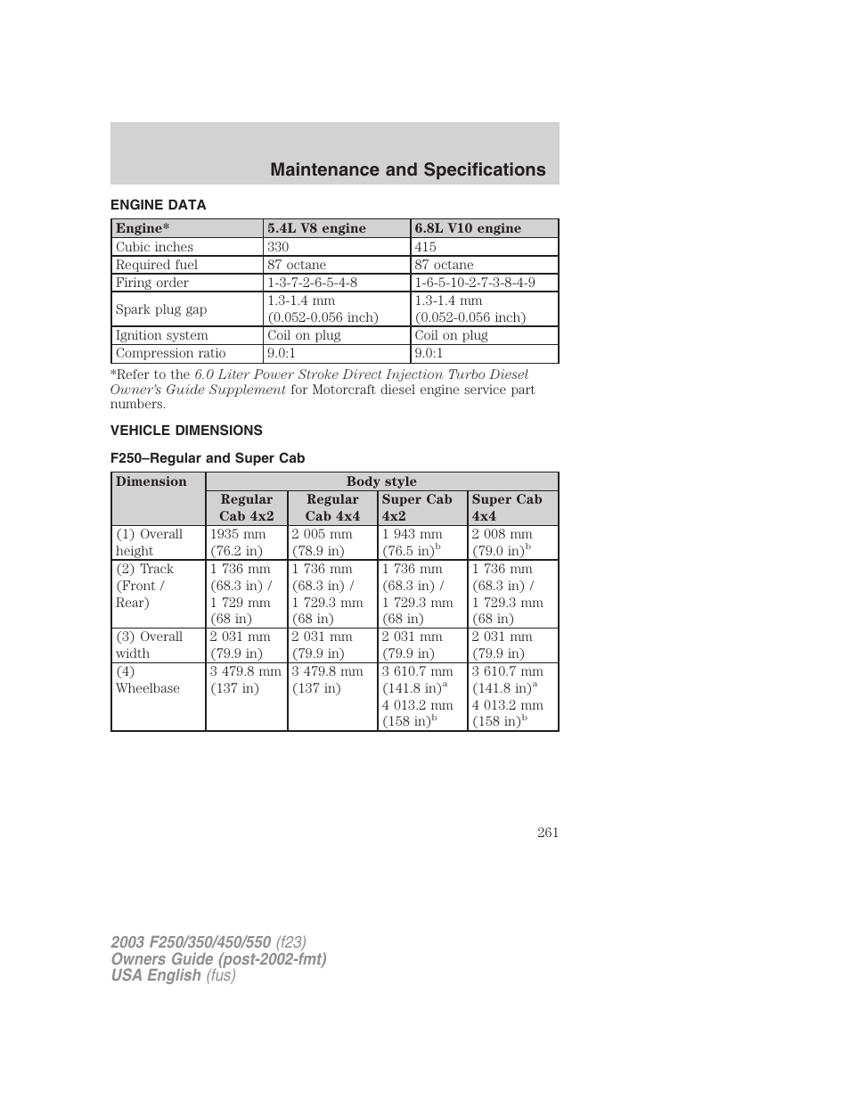Maintenance and specifications | FORD 2003 F-550 v.4 User Manual | Page 261 / 280