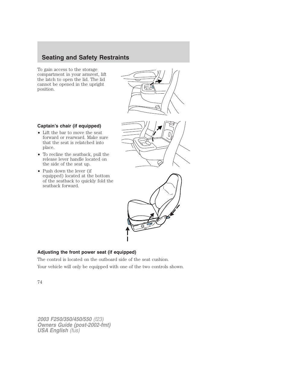 Seating and safety restraints | FORD 2003 F-550 v.4 User Manual | Page 74 / 280