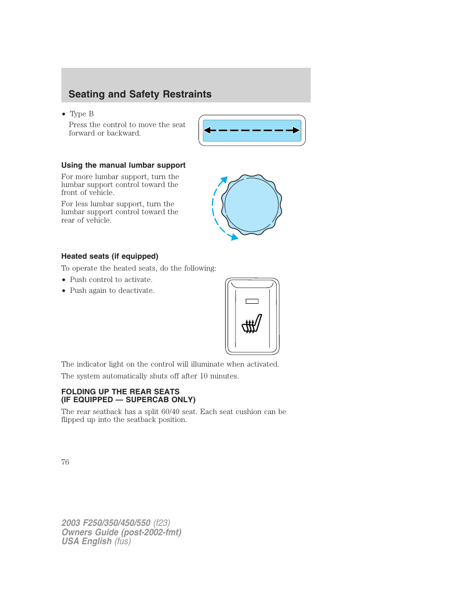 Seating and safety restraints | FORD 2003 F-550 v.4 User Manual | Page 76 / 280