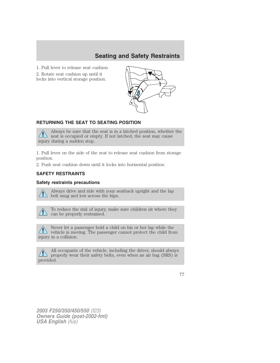 Seating and safety restraints | FORD 2003 F-550 v.4 User Manual | Page 77 / 280