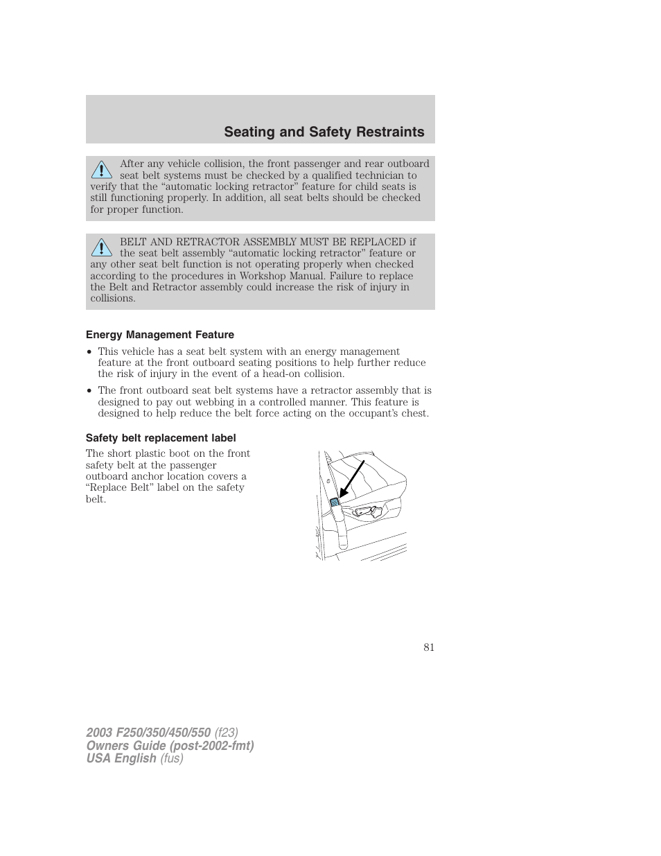 Seating and safety restraints | FORD 2003 F-550 v.4 User Manual | Page 81 / 280