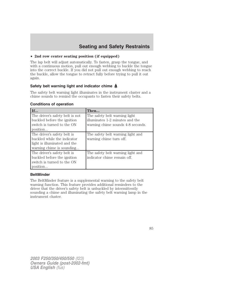 Seating and safety restraints | FORD 2003 F-550 v.4 User Manual | Page 85 / 280