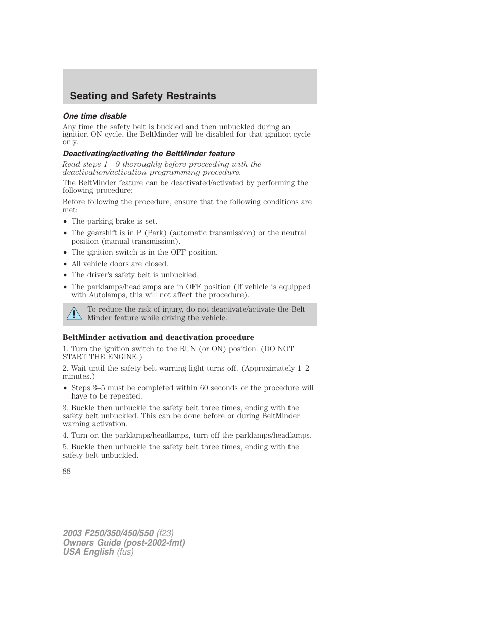 Seating and safety restraints | FORD 2003 F-550 v.4 User Manual | Page 88 / 280