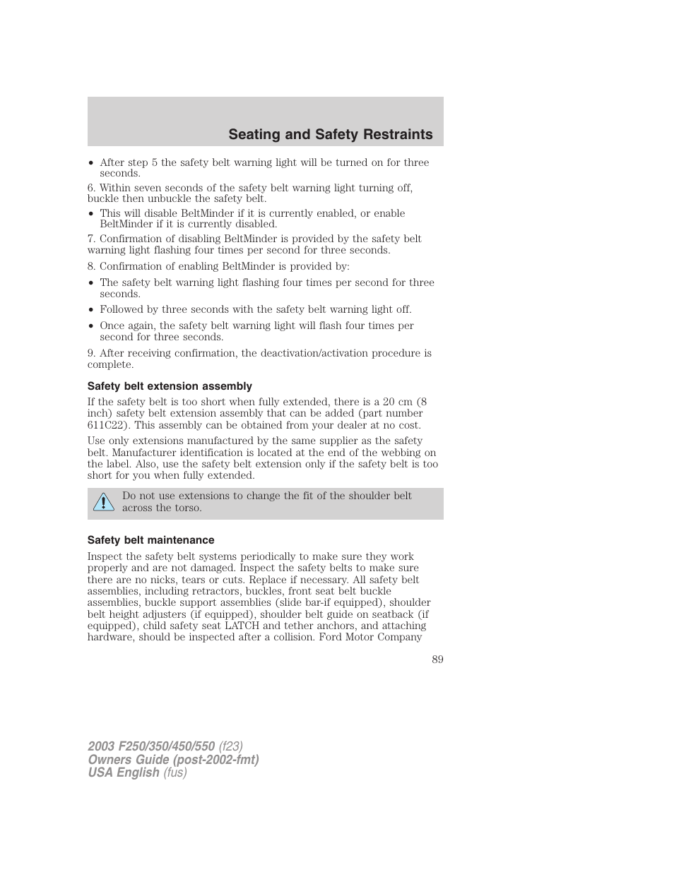 Seating and safety restraints | FORD 2003 F-550 v.4 User Manual | Page 89 / 280