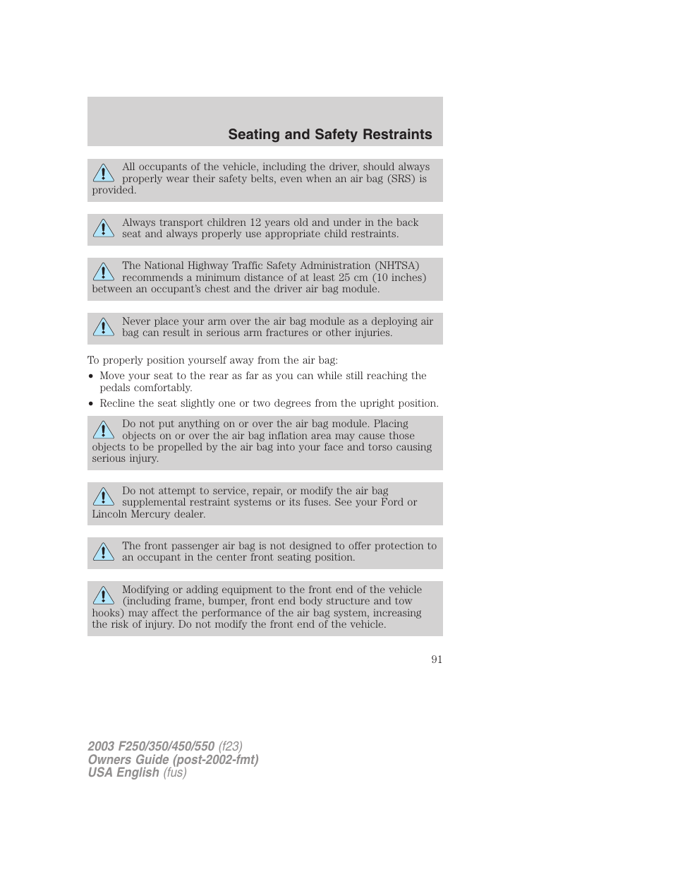 Seating and safety restraints | FORD 2003 F-550 v.4 User Manual | Page 91 / 280