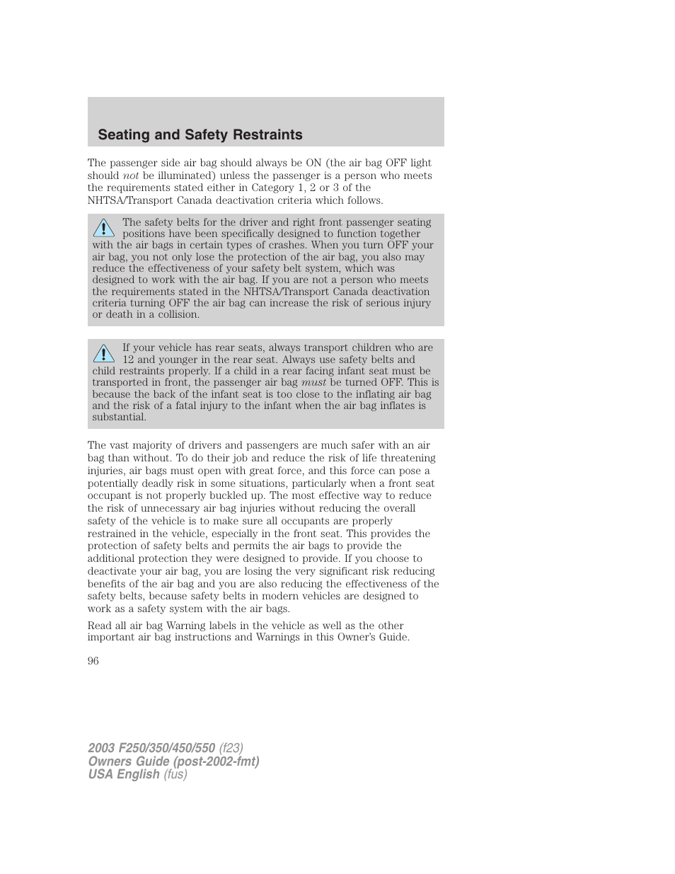 Seating and safety restraints | FORD 2003 F-550 v.4 User Manual | Page 96 / 280