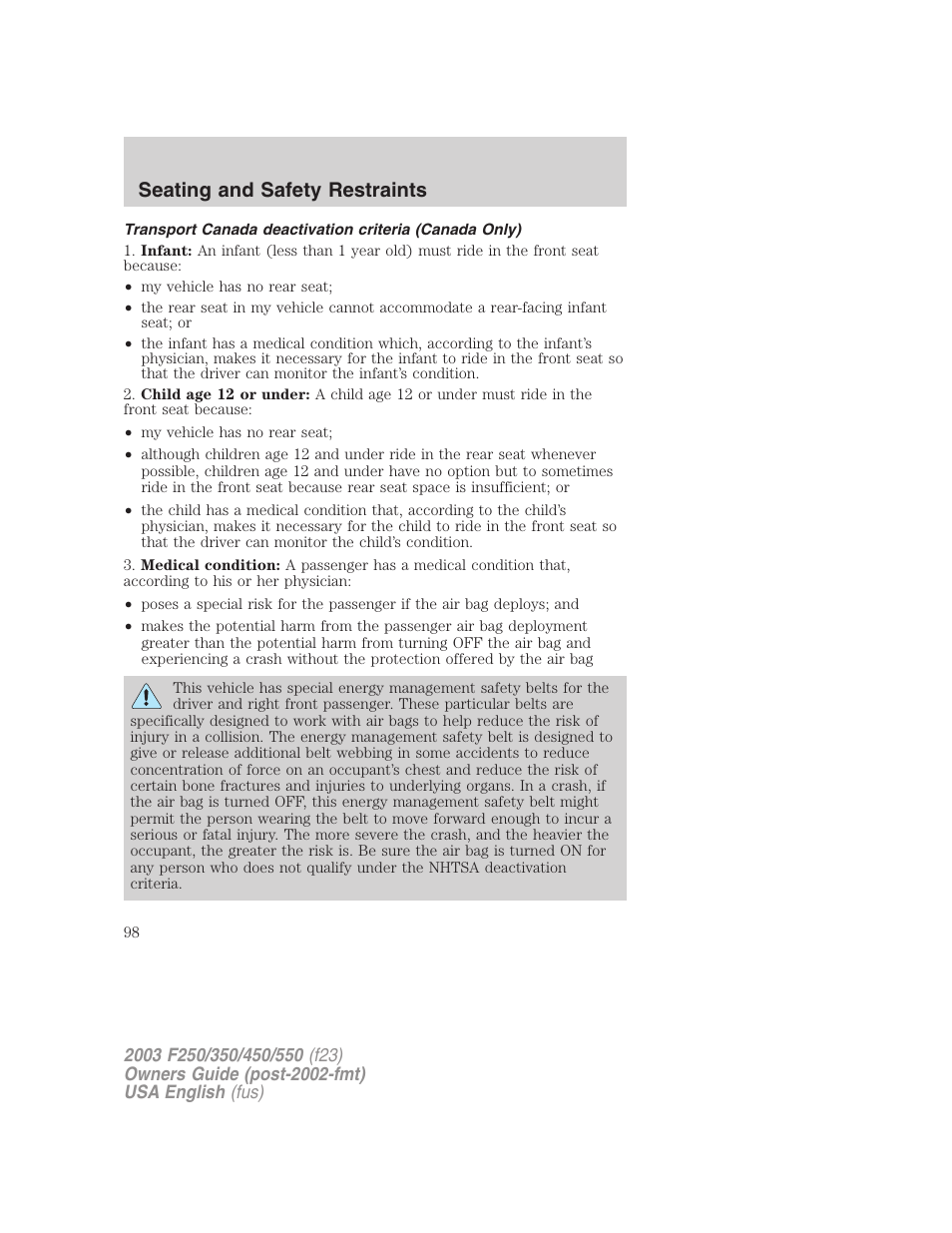 Seating and safety restraints | FORD 2003 F-550 v.4 User Manual | Page 98 / 280
