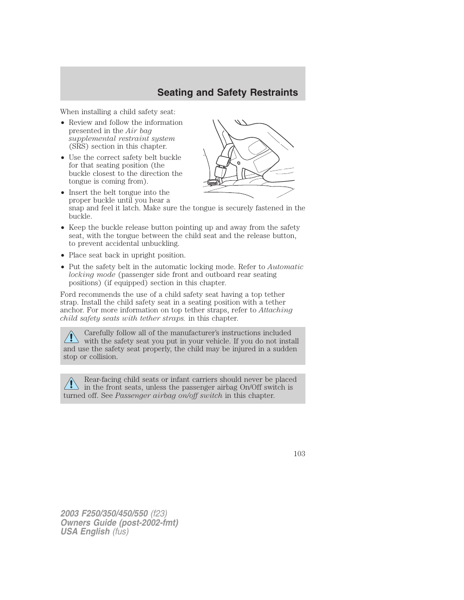 Seating and safety restraints | FORD 2003 F-550 v.5 User Manual | Page 103 / 280