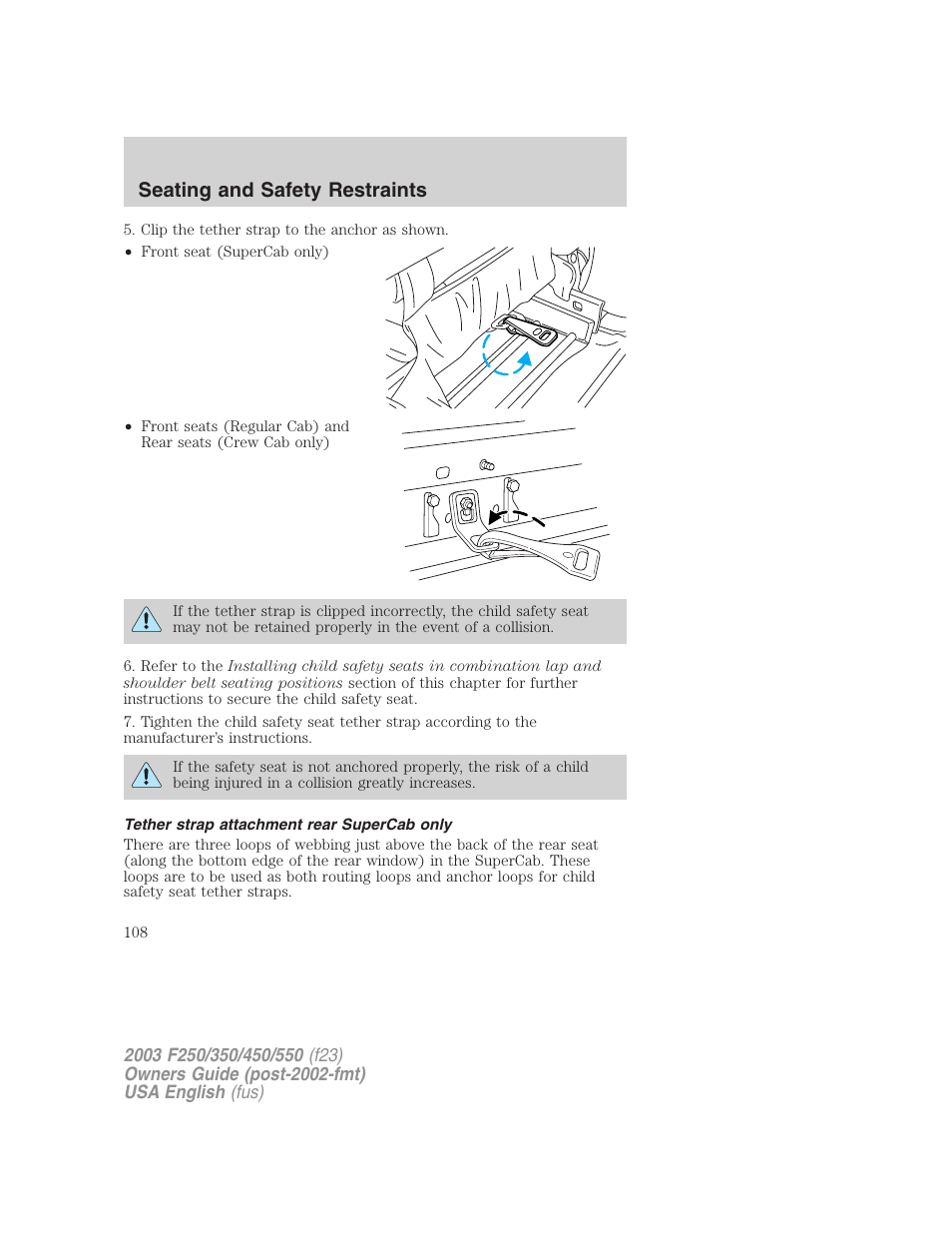Seating and safety restraints | FORD 2003 F-550 v.5 User Manual | Page 108 / 280