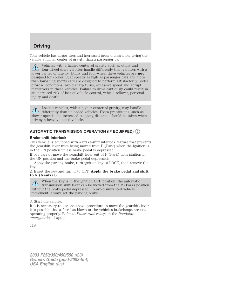 Driving | FORD 2003 F-550 v.5 User Manual | Page 118 / 280