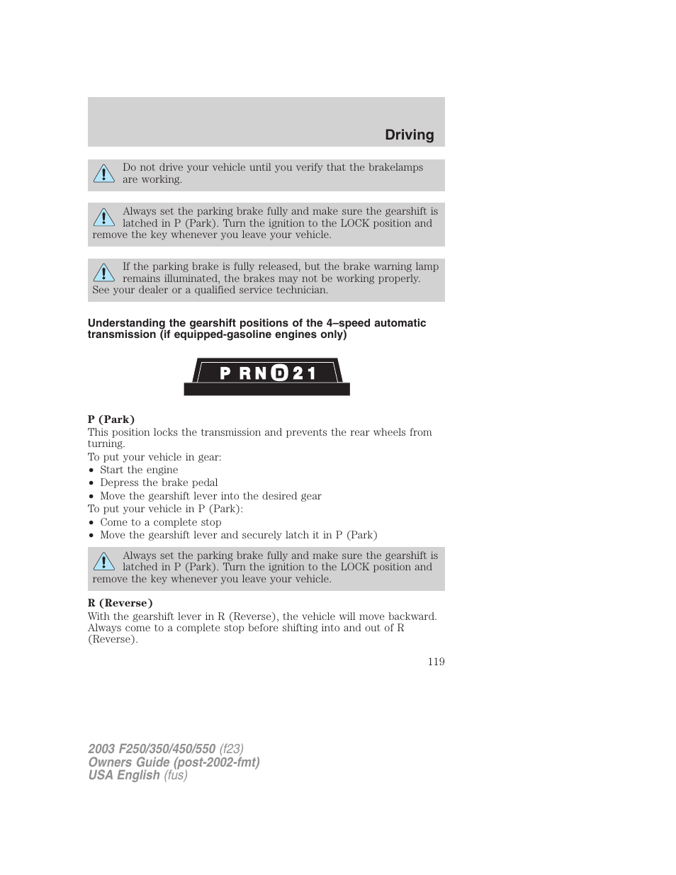 Driving | FORD 2003 F-550 v.5 User Manual | Page 119 / 280