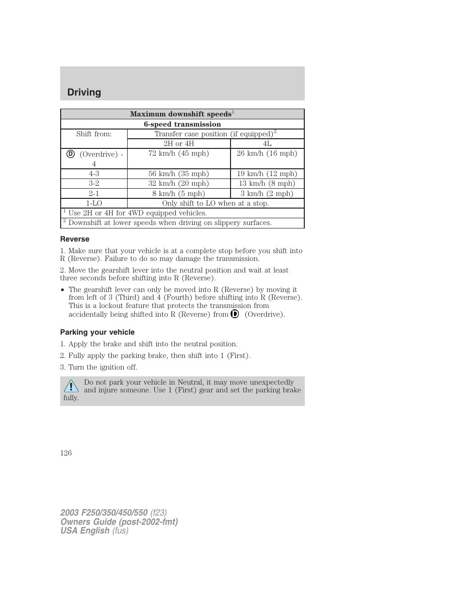 Driving | FORD 2003 F-550 v.5 User Manual | Page 126 / 280