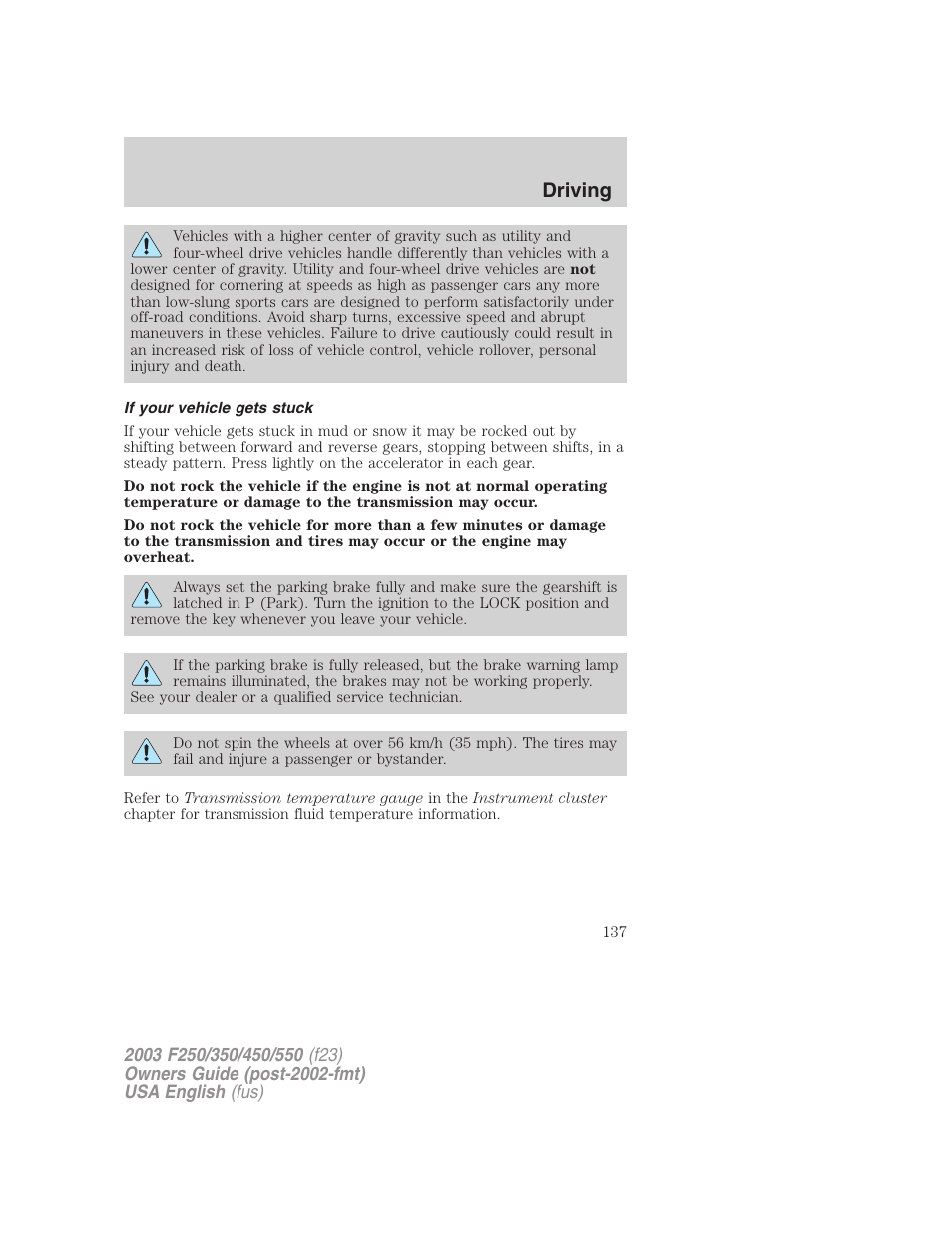 Driving | FORD 2003 F-550 v.5 User Manual | Page 137 / 280