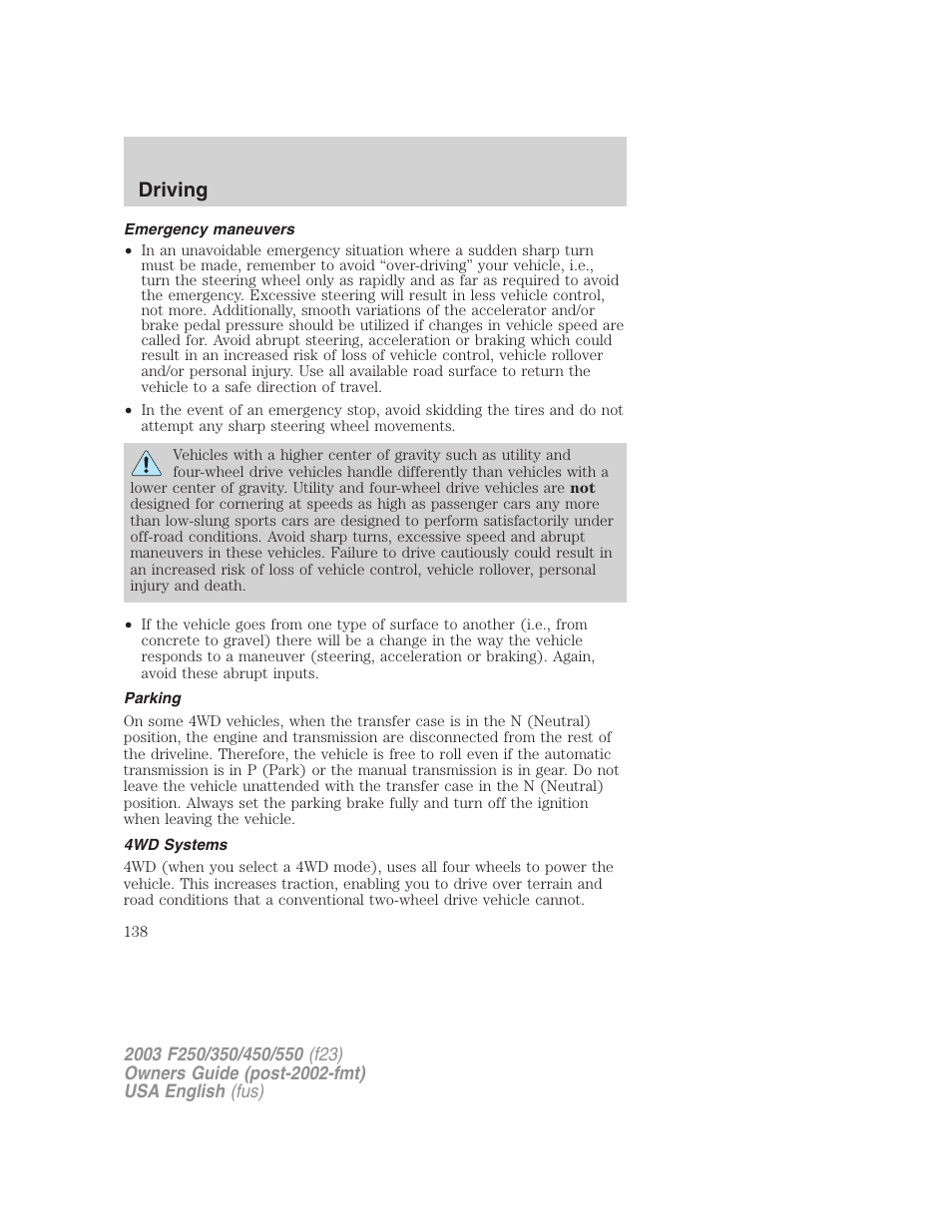 Driving | FORD 2003 F-550 v.5 User Manual | Page 138 / 280