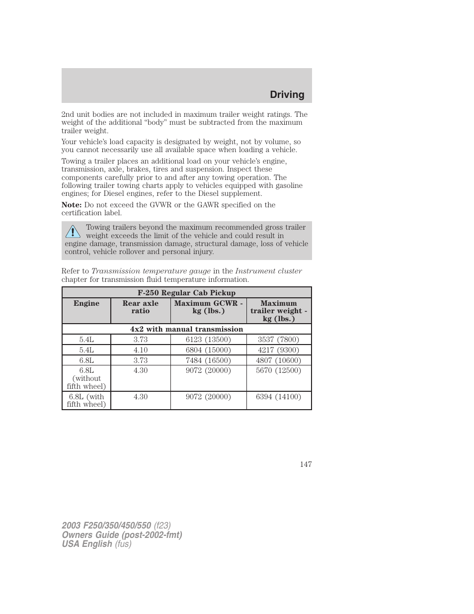 Driving | FORD 2003 F-550 v.5 User Manual | Page 147 / 280