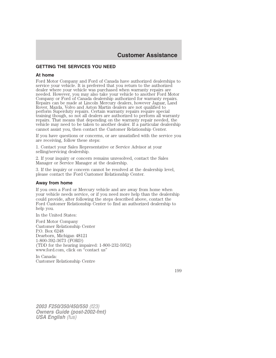 Customer assistance | FORD 2003 F-550 v.5 User Manual | Page 199 / 280
