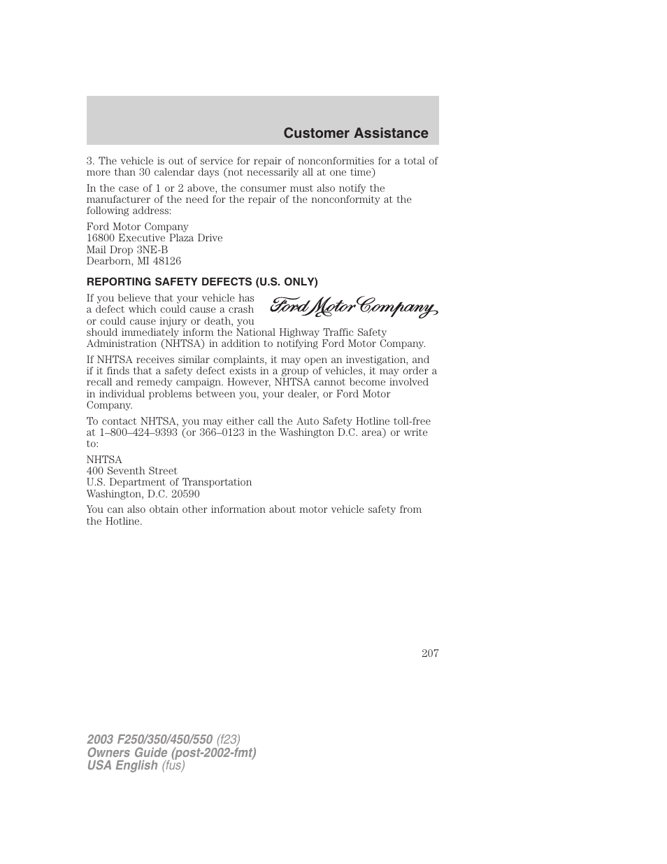 Customer assistance | FORD 2003 F-550 v.5 User Manual | Page 207 / 280