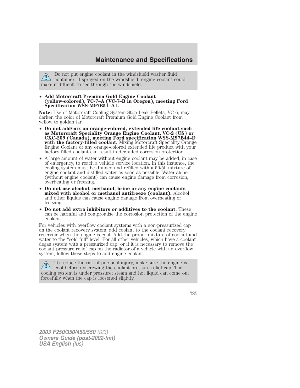 Maintenance and specifications | FORD 2003 F-550 v.5 User Manual | Page 225 / 280