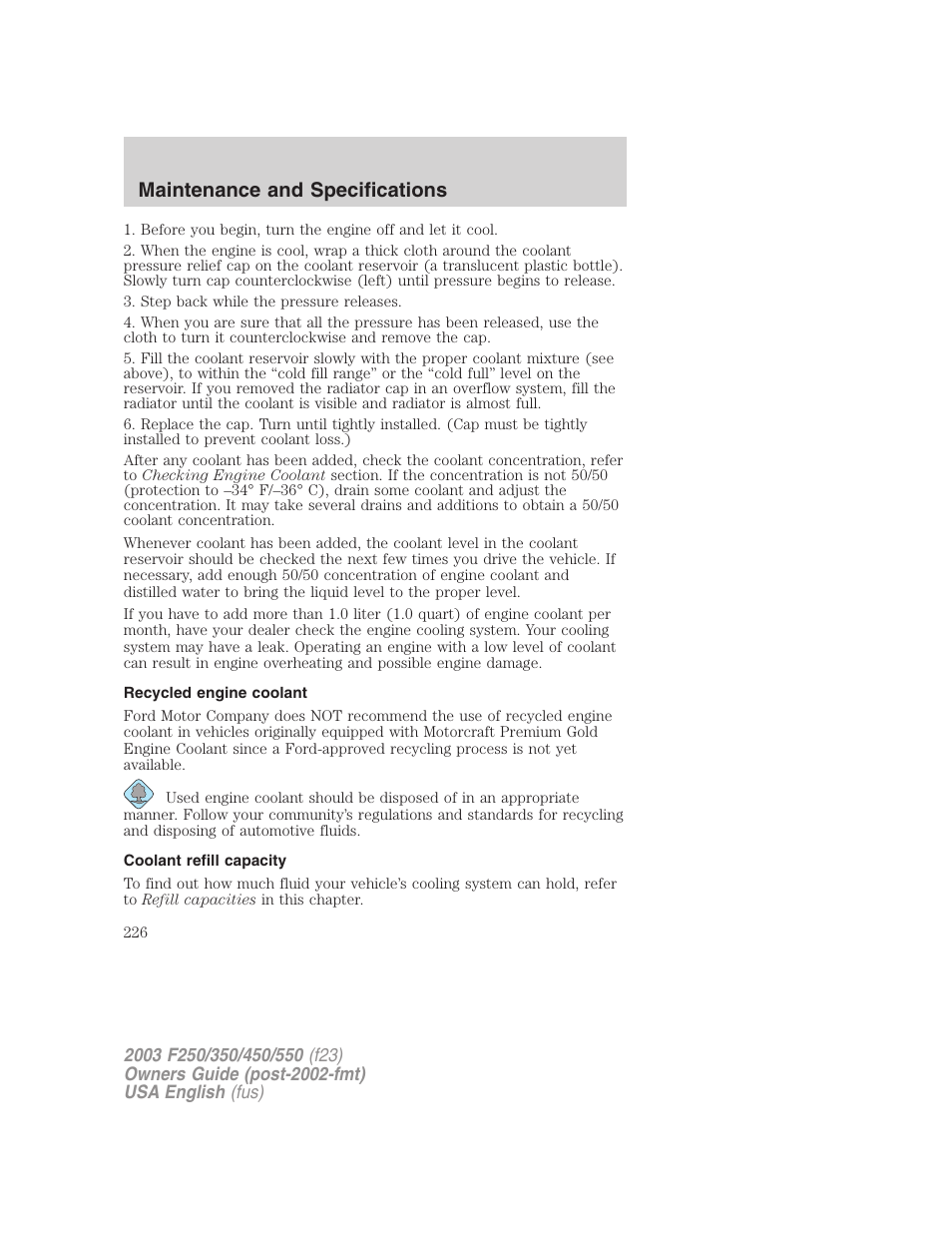 Maintenance and specifications | FORD 2003 F-550 v.5 User Manual | Page 226 / 280