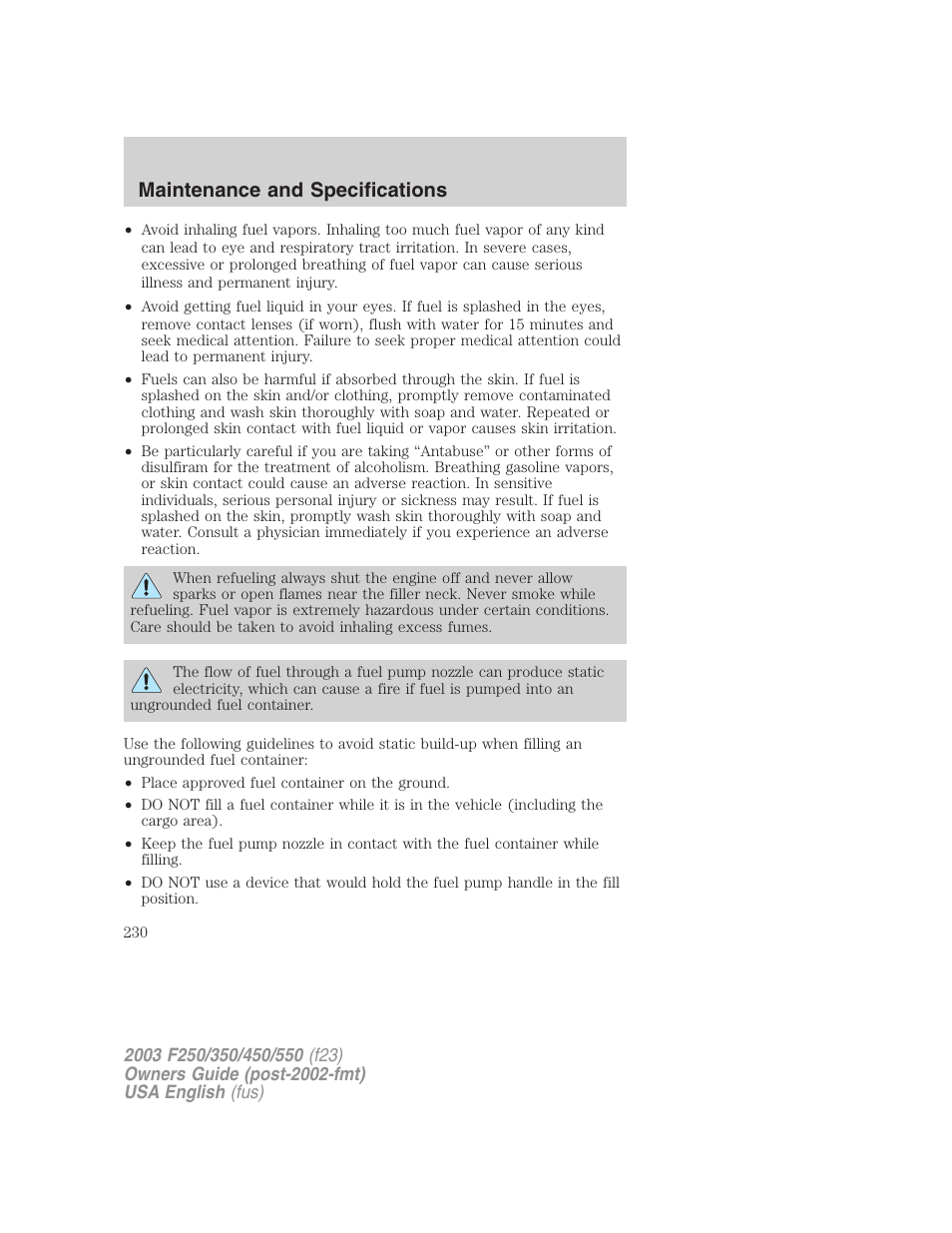 Maintenance and specifications | FORD 2003 F-550 v.5 User Manual | Page 230 / 280