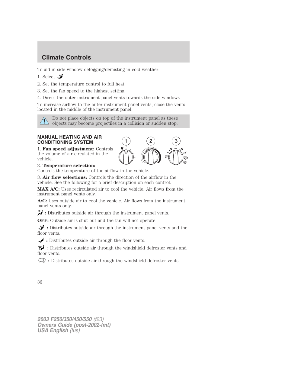 Climate controls | FORD 2003 F-550 v.5 User Manual | Page 36 / 280
