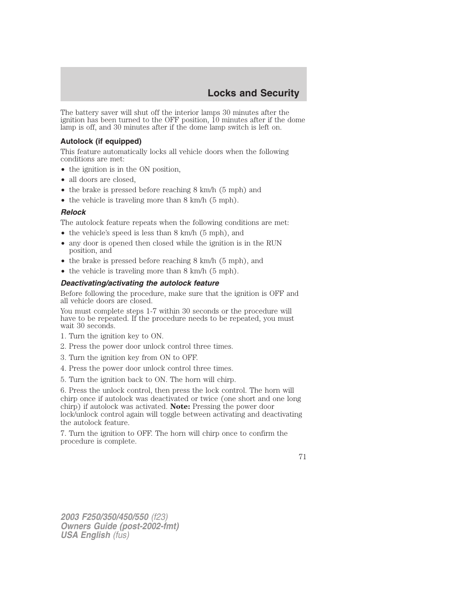 Locks and security | FORD 2003 F-550 v.5 User Manual | Page 71 / 280