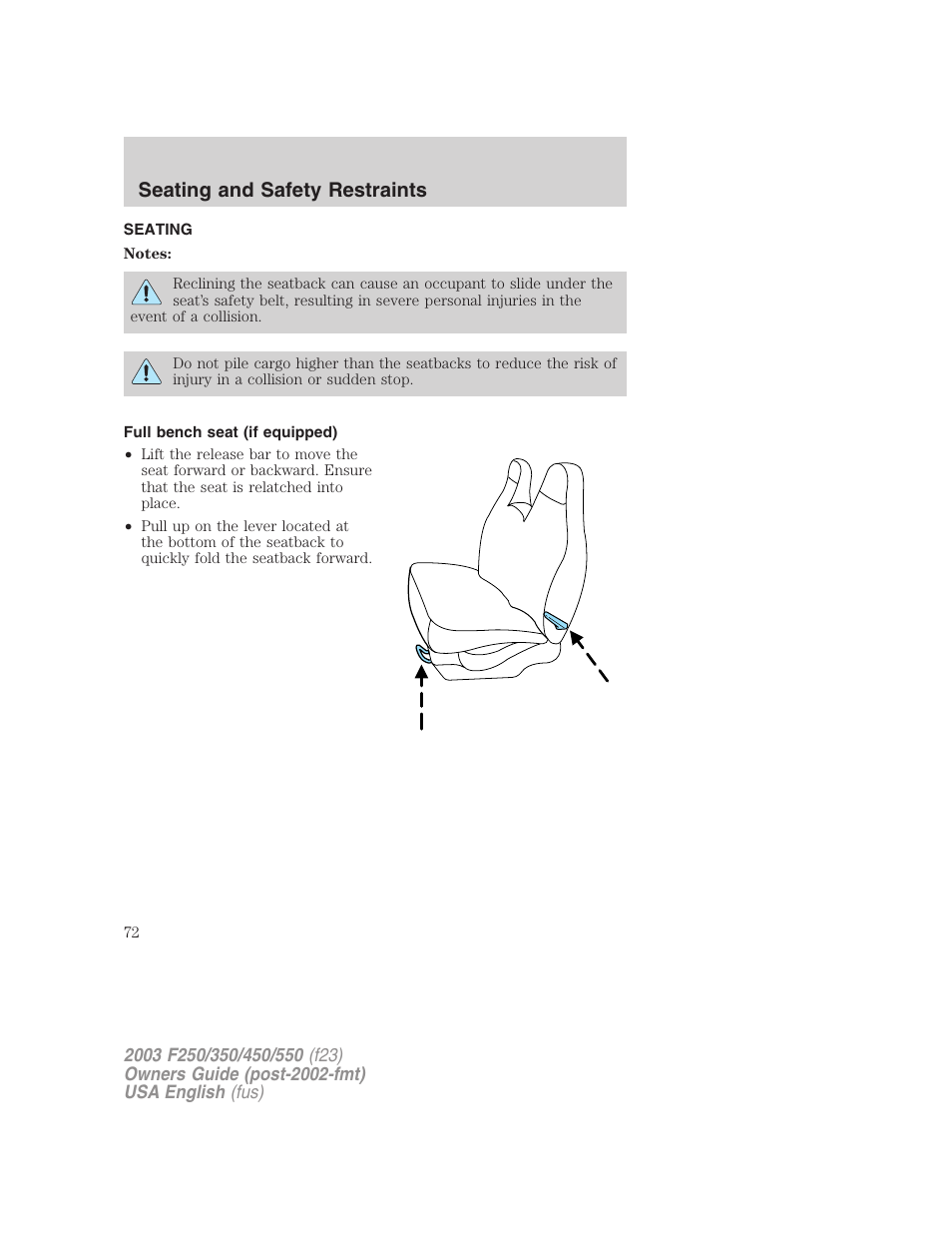 Seating and safety restraints | FORD 2003 F-550 v.5 User Manual | Page 72 / 280