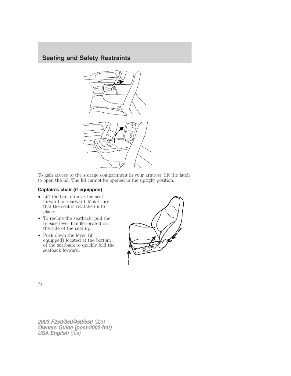 Seating and safety restraints | FORD 2003 F-550 v.5 User Manual | Page 74 / 280