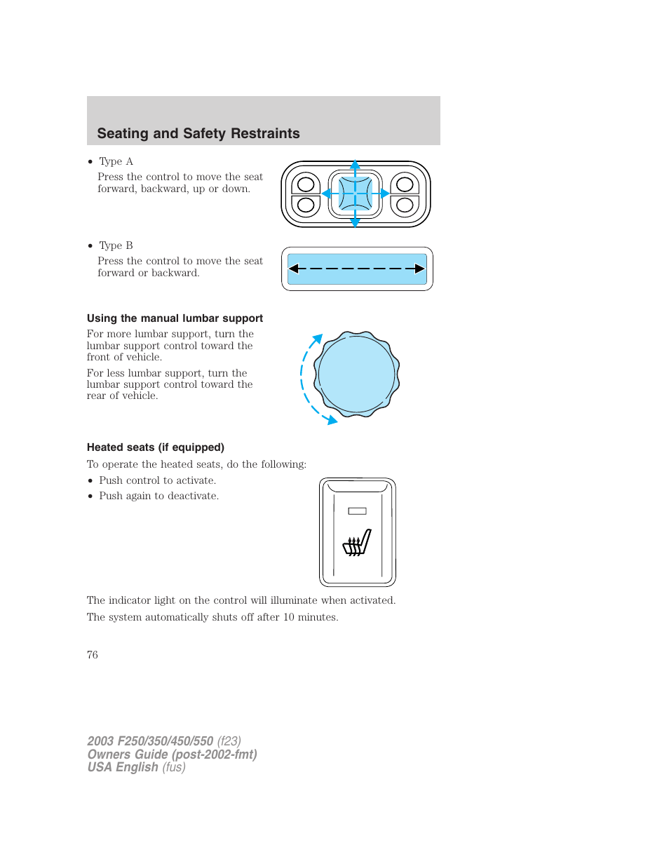 Seating and safety restraints | FORD 2003 F-550 v.5 User Manual | Page 76 / 280