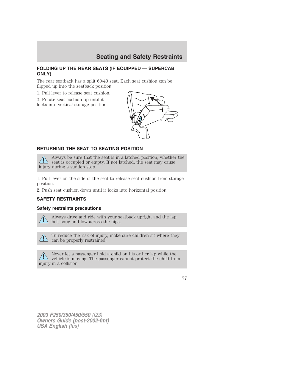 Seating and safety restraints | FORD 2003 F-550 v.5 User Manual | Page 77 / 280