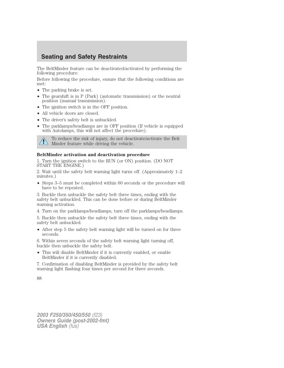 Seating and safety restraints | FORD 2003 F-550 v.5 User Manual | Page 88 / 280