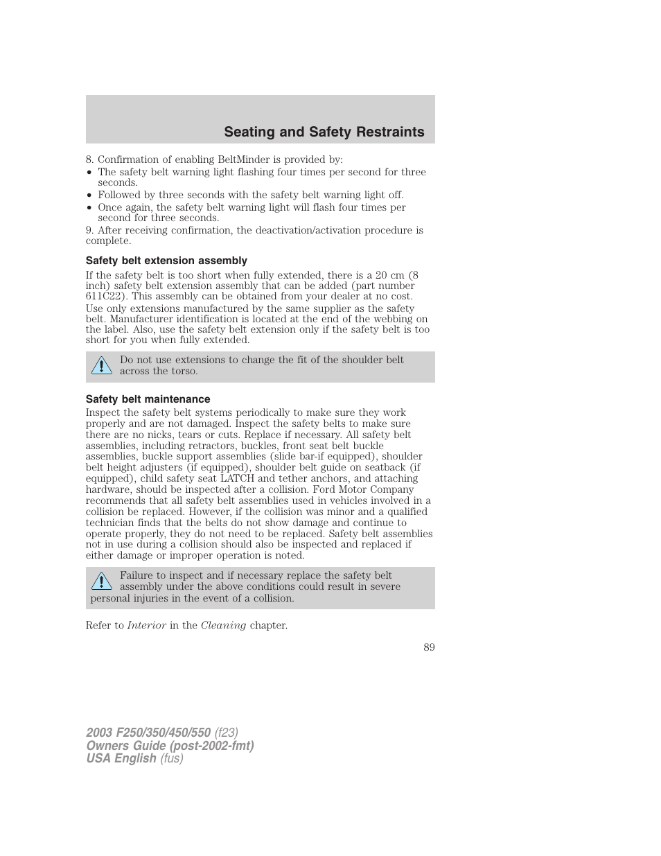 Seating and safety restraints | FORD 2003 F-550 v.5 User Manual | Page 89 / 280