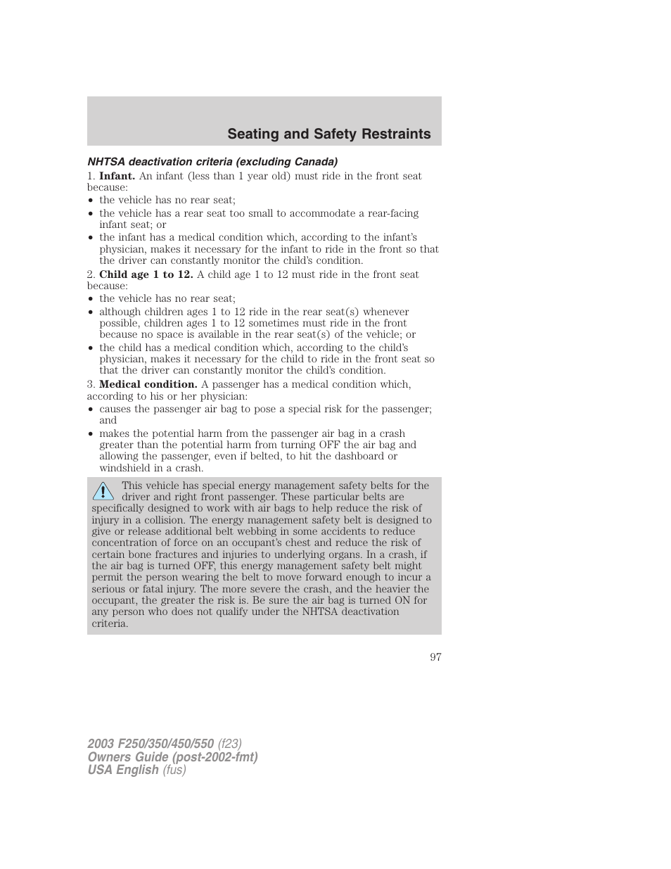 Seating and safety restraints | FORD 2003 F-550 v.5 User Manual | Page 97 / 280