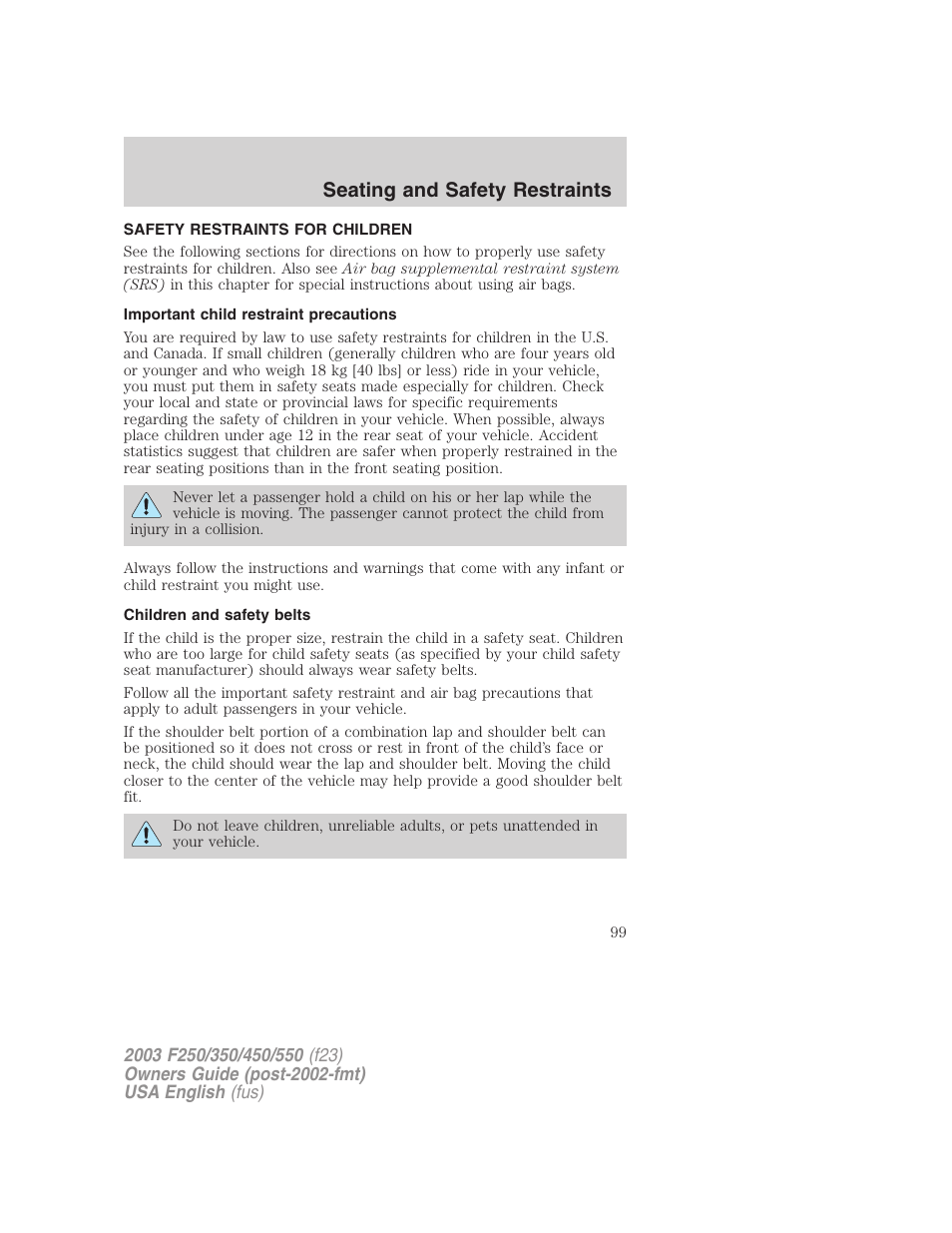 Seating and safety restraints | FORD 2003 F-550 v.5 User Manual | Page 99 / 280