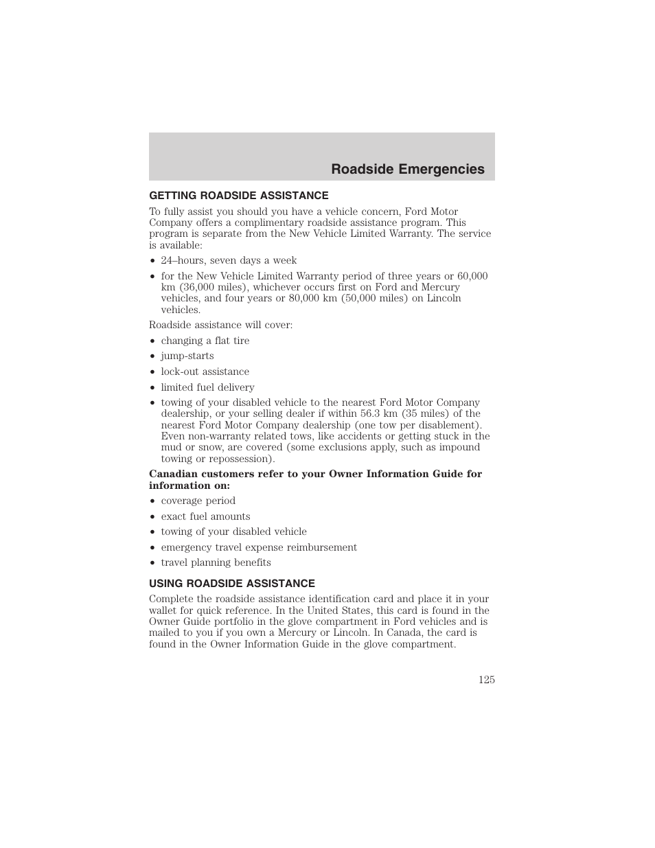 Roadside emergencies | FORD 2003 Focus User Manual | Page 125 / 216