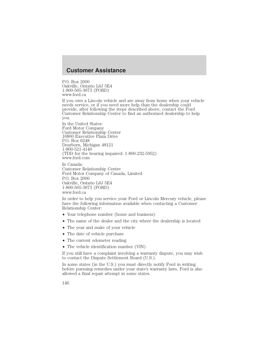 Customer assistance | FORD 2003 Focus User Manual | Page 146 / 216