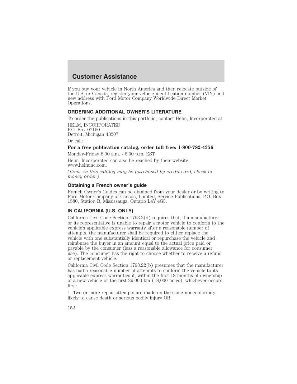 Customer assistance | FORD 2003 Focus User Manual | Page 152 / 216
