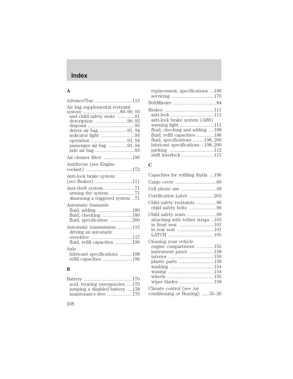 Index | FORD 2003 Focus User Manual | Page 208 / 216