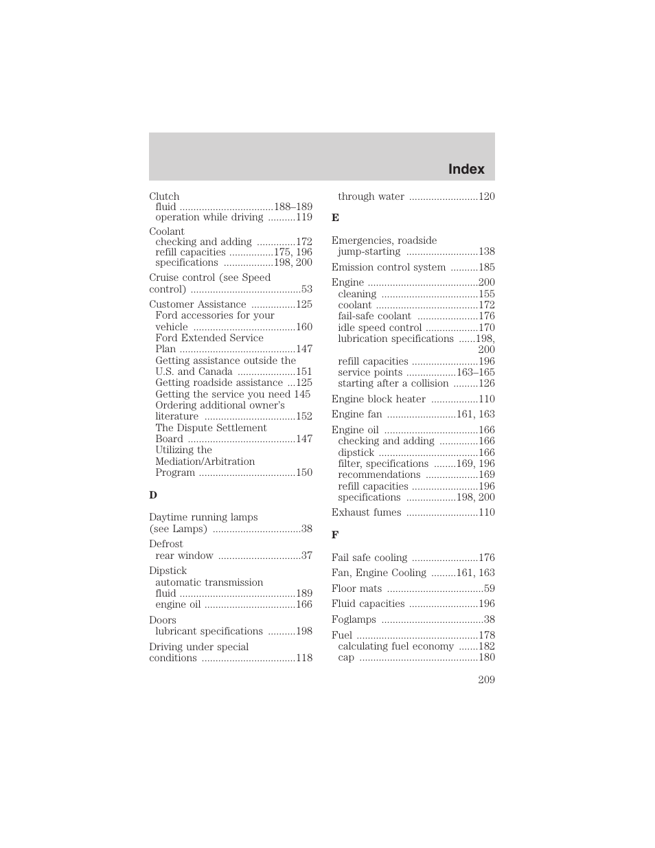 Index | FORD 2003 Focus User Manual | Page 209 / 216