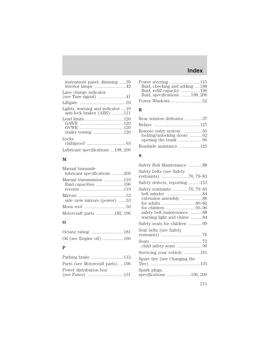 Index | FORD 2003 Focus User Manual | Page 211 / 216