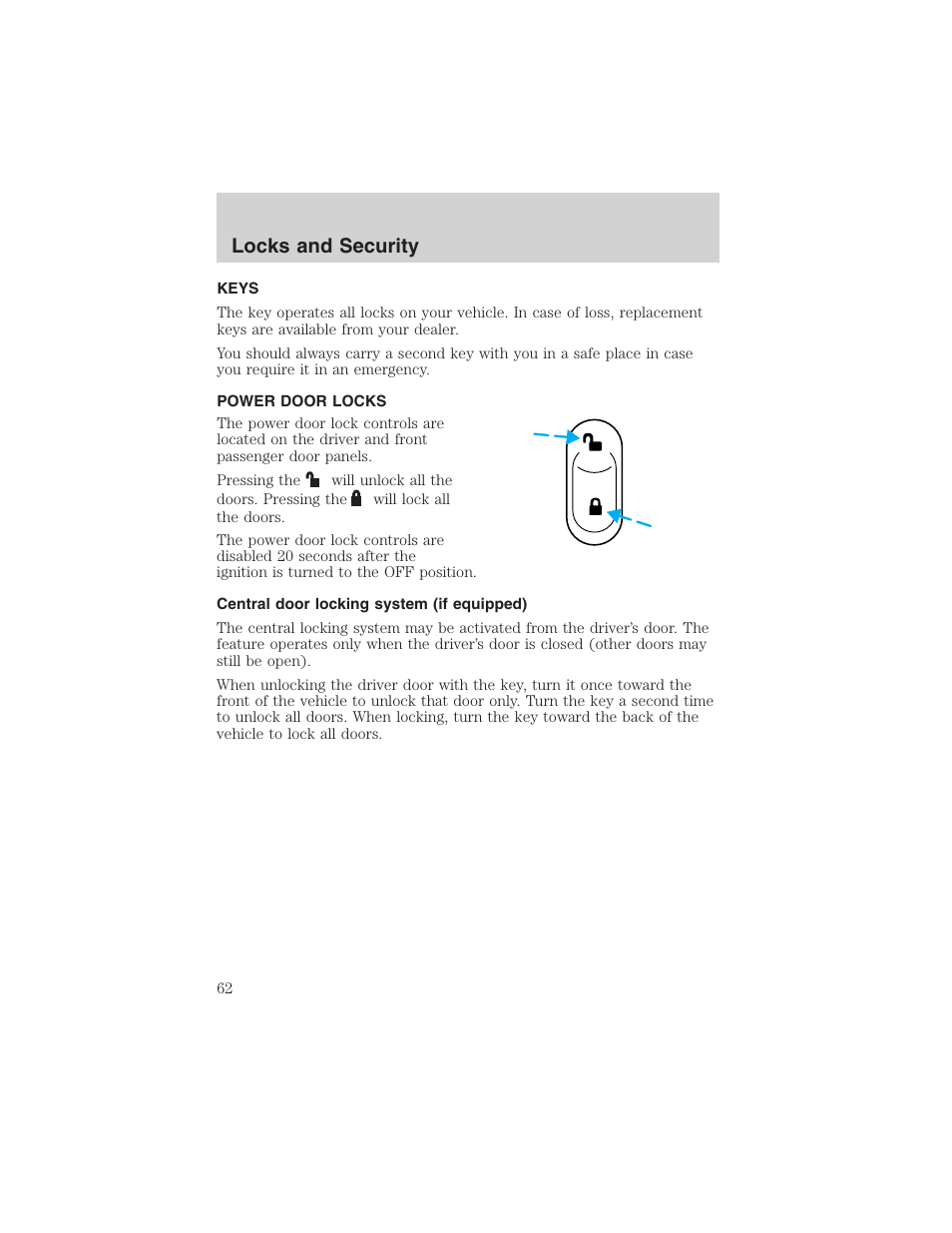 Locks and security | FORD 2003 Focus User Manual | Page 62 / 216