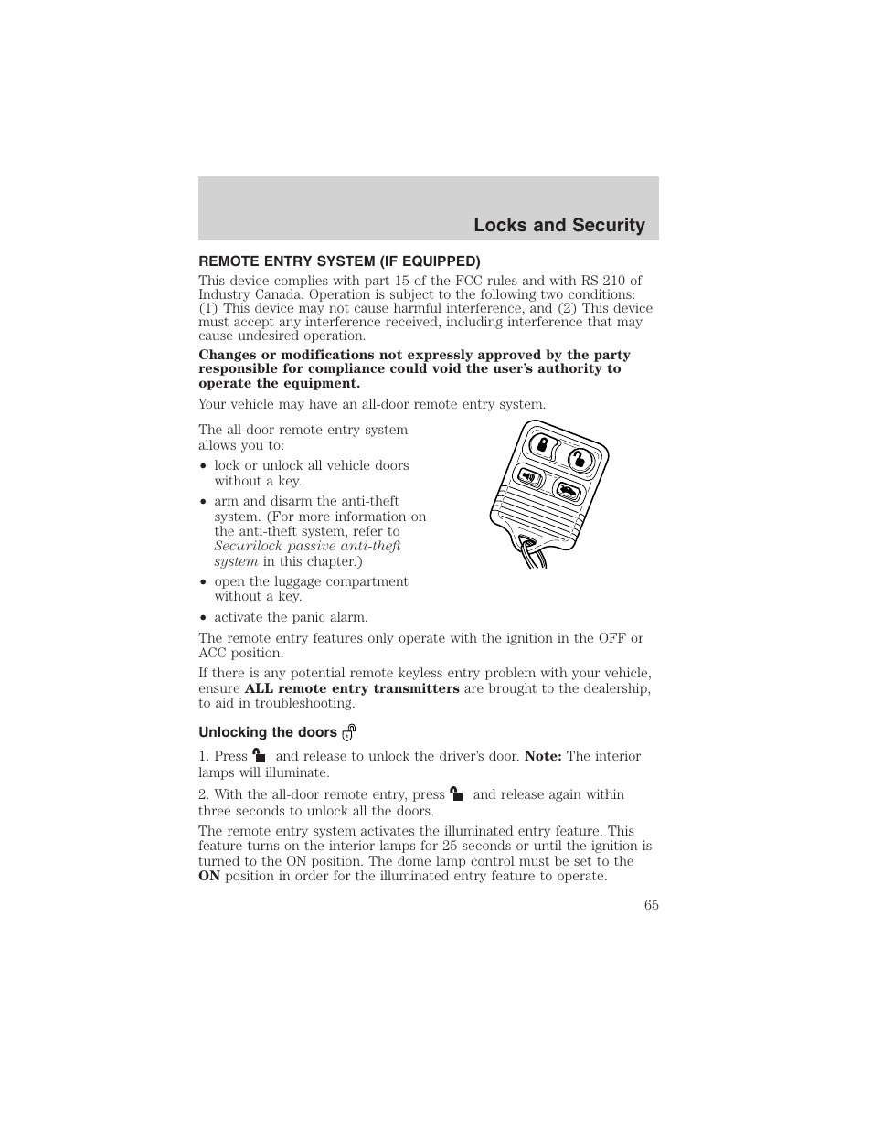 Locks and security | FORD 2003 Focus User Manual | Page 65 / 216