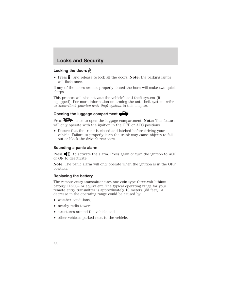 Locks and security | FORD 2003 Focus User Manual | Page 66 / 216