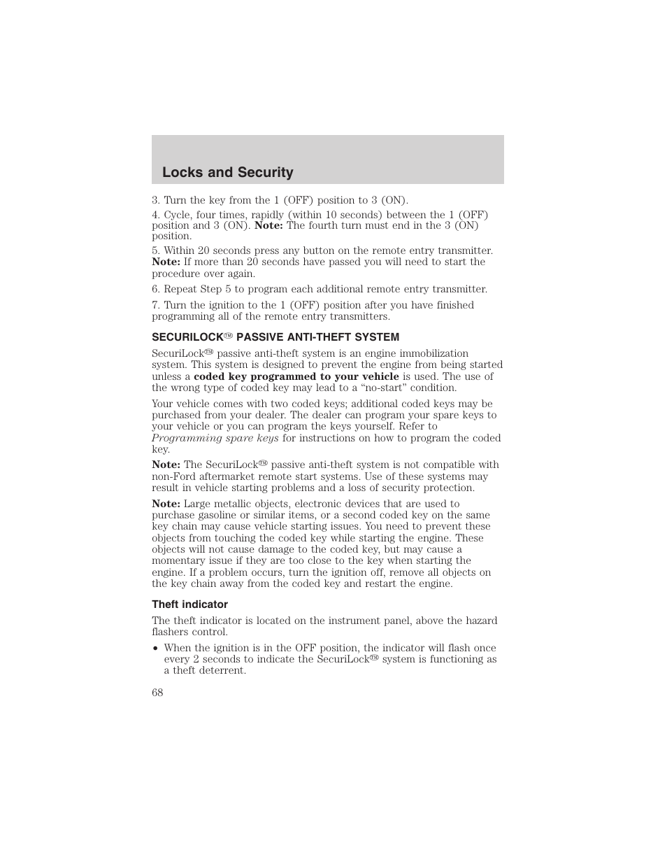 Locks and security | FORD 2003 Focus User Manual | Page 68 / 216