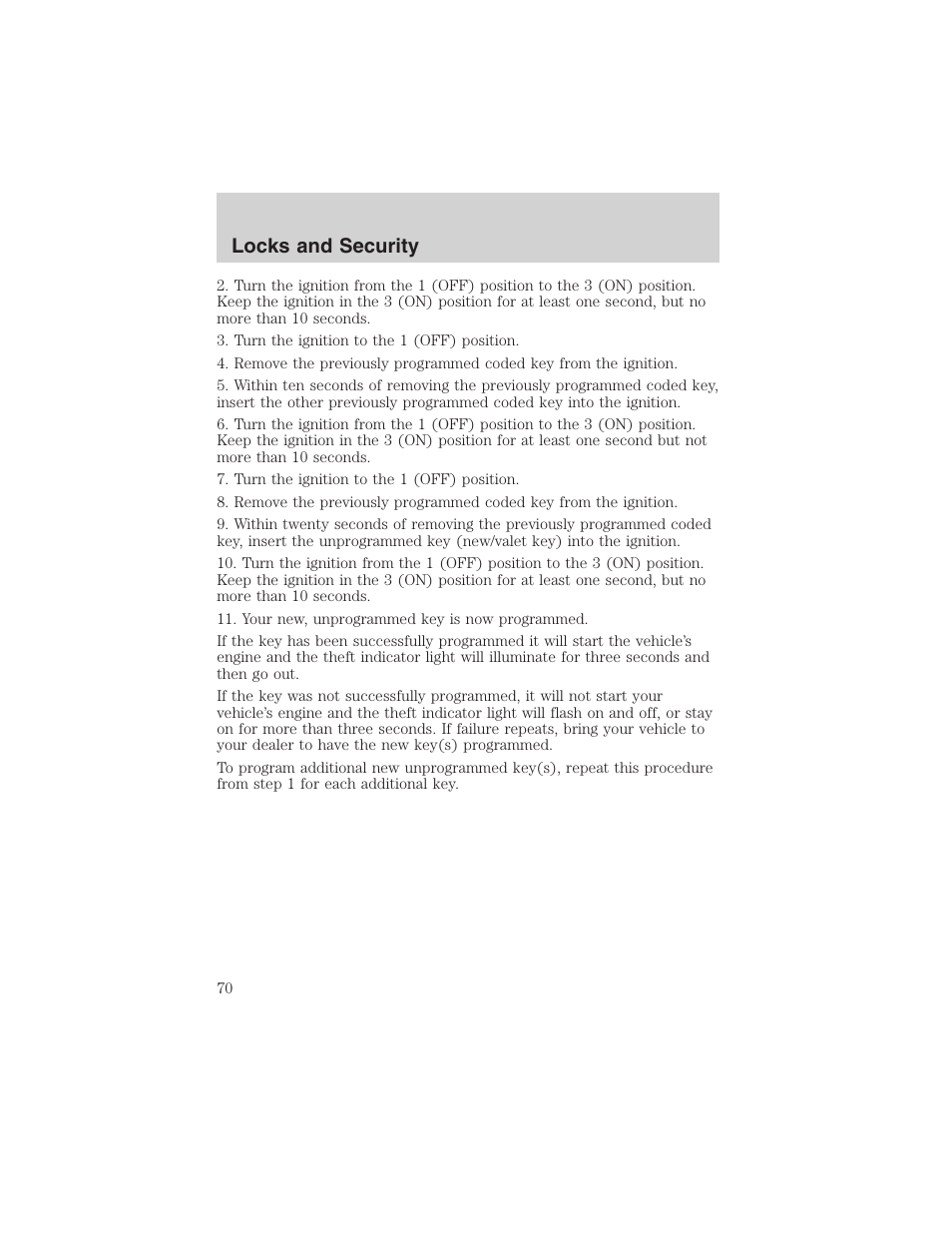 Locks and security | FORD 2003 Focus User Manual | Page 70 / 216